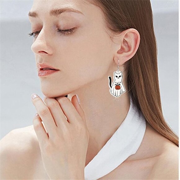 Women White Halloween Cute Ghost Pumpkin Cartoon Cat Spider Acrylic Fun Earrings - Picture 4 of 5